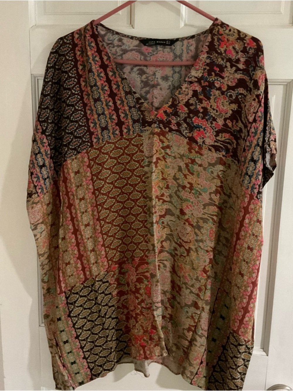 Zara Multicolor Patchwork V-Neck Poncho Blouse
